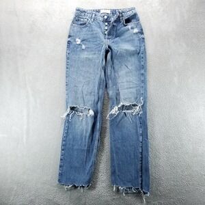We The Free Jeans Womens‎ 25 Blue Straight Button Fly Boho Mid Rise Raw Hem